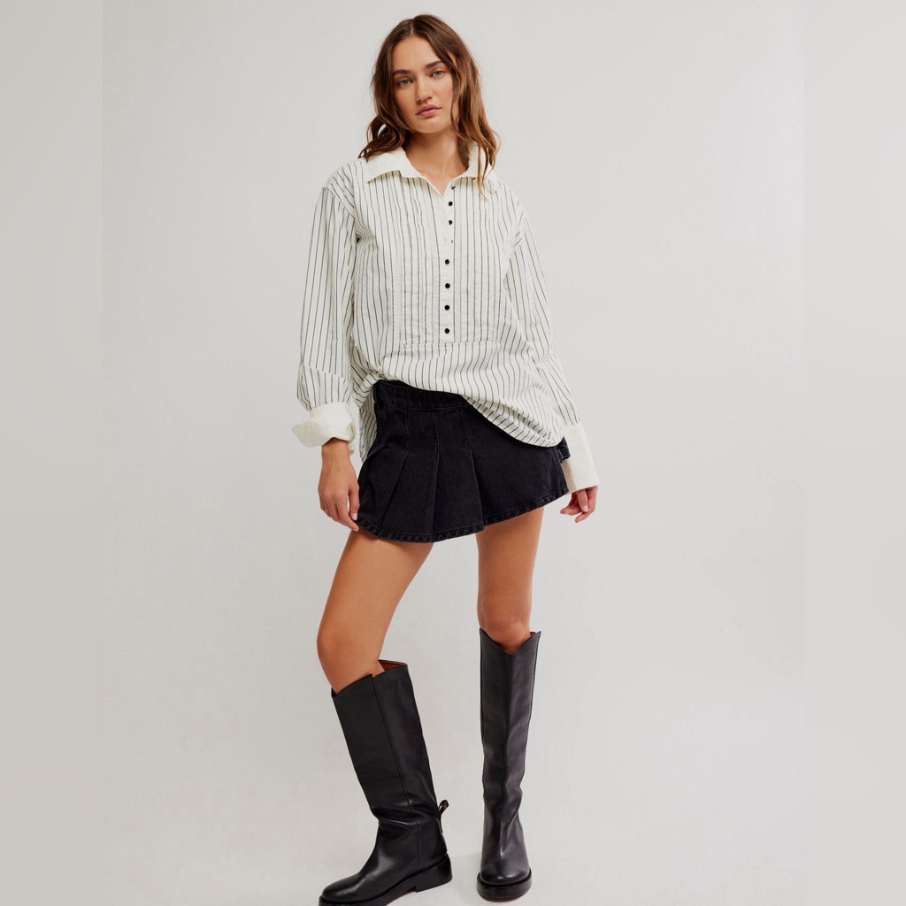 Free People We The Free After Hours Stripe Oversized 1/4 Button Down Top Size Xs